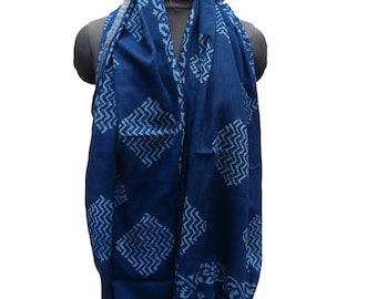 Indigo Cotton Silk Scarf - Hand Block Print, Silver Border