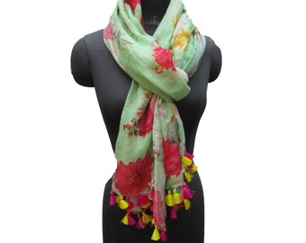Bufanda de lino / bufanda multicolor / bufanda con estampado de rosas / bufanda verde mar / bufanda grande / dupatta / bufanda hecha a mano / bufanda / bufanda de regalo / ideas de regalo.