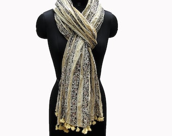 Striped Floral Print Cotton Scarf with Tassels (32x90 inches)