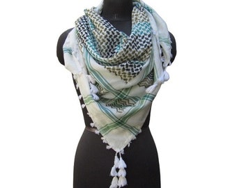 Men's White & Peach Check Tassel Scarf - Poly Cotton