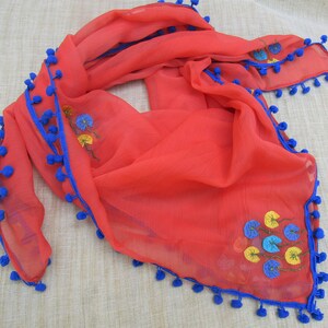 Embroidered scarf/ peach scarf/ georgette scarf/ trendy scarf/ fashion scarf/ square scarf/ gift scarf / gift ideas.