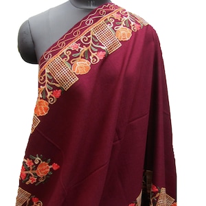 Maroon Woolen Stole: Embroidered Kashmiri Floral Scarf