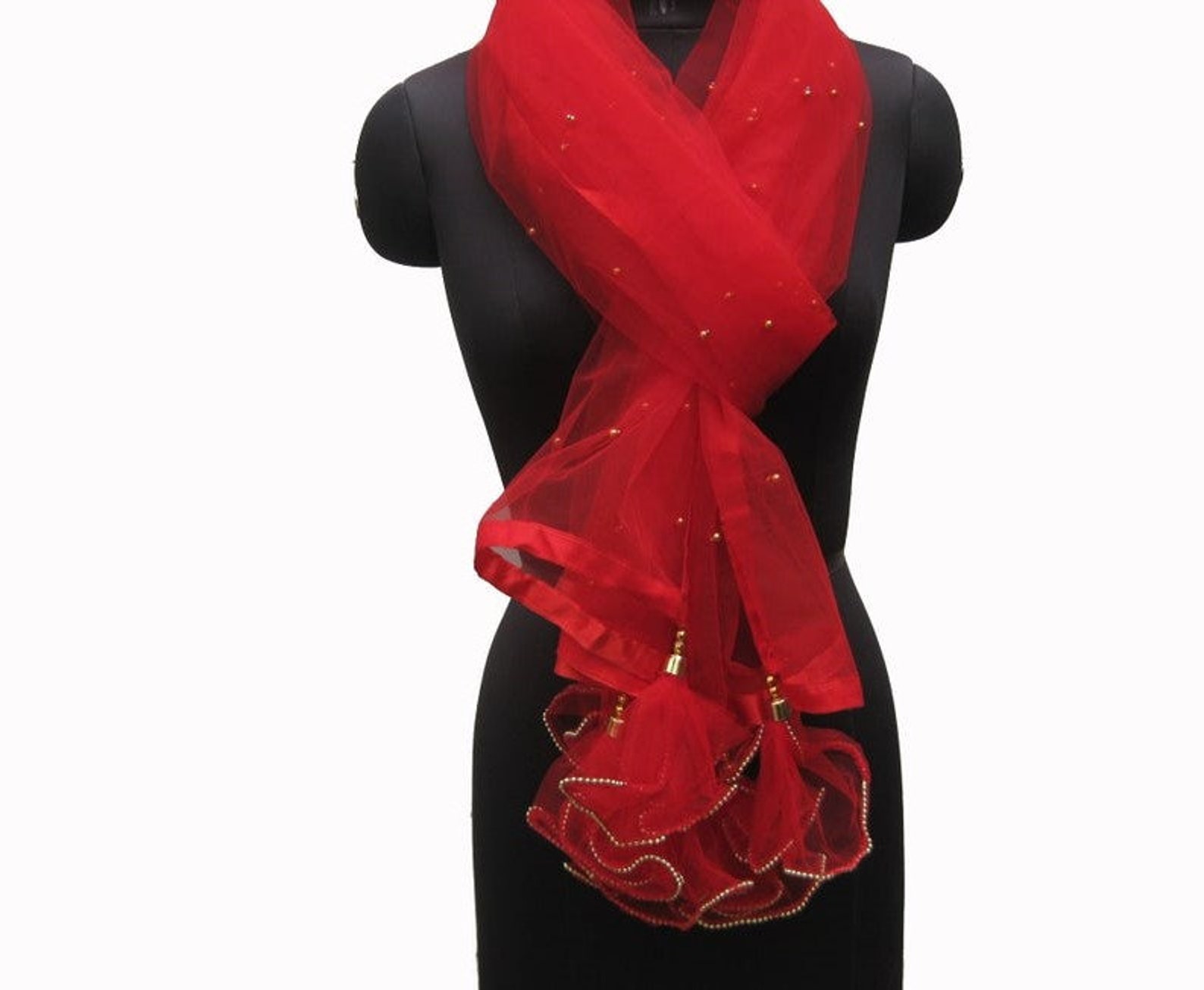 Red Scarf/ Net Scarf/ Trendy Scarf/ Fashion Scarf/ Tassel Etsy