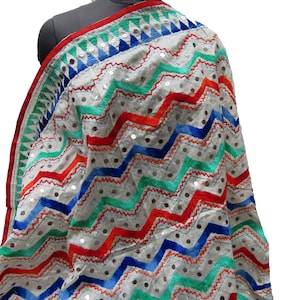 Phulkari scarf/phulkari dupatta/ chanderi scarf/ wrap/ white scarf/  embroidered stole/ gift scarf / gift ideas.