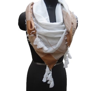 Men scarf/ plain scarf/ light brown and white scarf / cotton scarf/ square scarf/  large scarf/ tassel scarf/ scarf/ gift ideas.