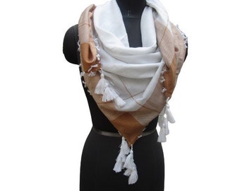 Men scarf/ plain scarf/ light brown and white scarf / cotton scarf/ square scarf/  large scarf/ tassel scarf/ scarf/ gift ideas.