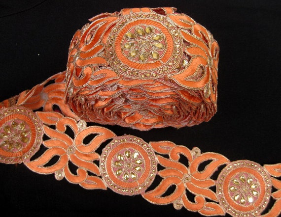 9 meters/ 355 inches approx. Peach colored  border, lace,  embroidered border/ tissue border/ designer border.