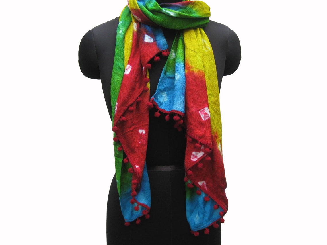 Multicolored Scarf/ Tie and Dye Scarf/ Green Scarf/ Pom Pom Etsy UK