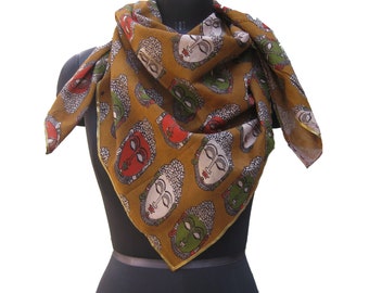 Prayer scarf/ Gautam Buddha scarf/ cotton scarf/ brown scarf/ square scarf/meditation scarf/ fashion scarf/ gift scarf / gift ideas.