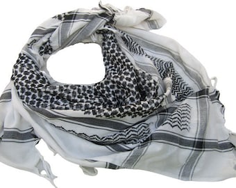 Men's Tassel Scarf: White & Peach Poly Cotton Checkered Scarf