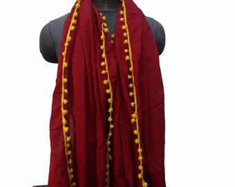 Pom pom scarf/ cotton scarf/ lace scarf/ trendy scarf/ fashion scarf/  maroon scarf/ large scarf/ gift scarf / gift ideas.