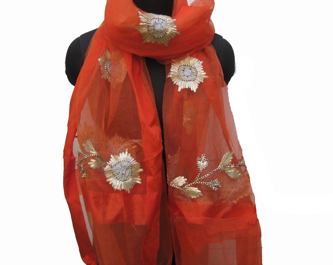 Embroidered Scarf/ Orange Scarf/ Floral Scarf/ Light Weight