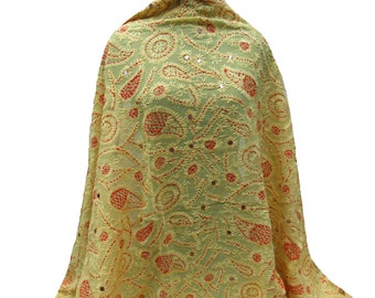 Handbestickte Phulkari Dupatta: Cremefarbener Georgette Schal mit floralem Paisleymuster