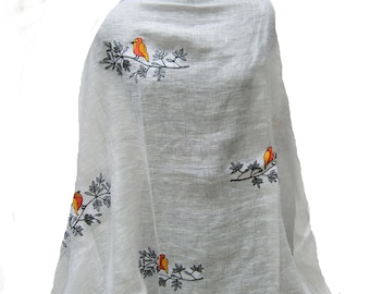 Embroidered Linen Scarf: Handloom Bird Design, Silver Border