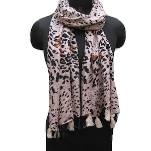 Tiger print scarf/ animal print scarf/ light weight scarf/ stole/ tassel scarf /beige and brown scarf/ / gift ideas.