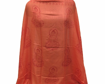 Orange Buddha Scarf, Hand Block Printed Cotton Viscose Shawl