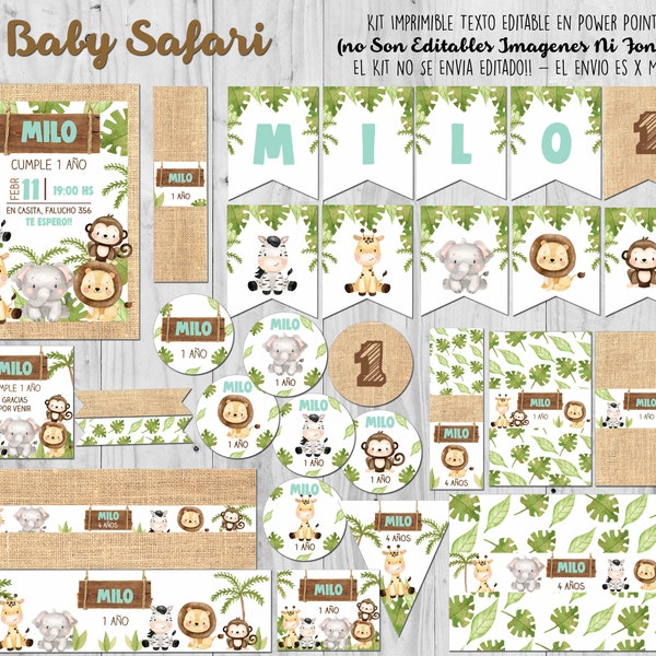 Kit Imprimible Baby Safari Birthday party printable kit Editable text