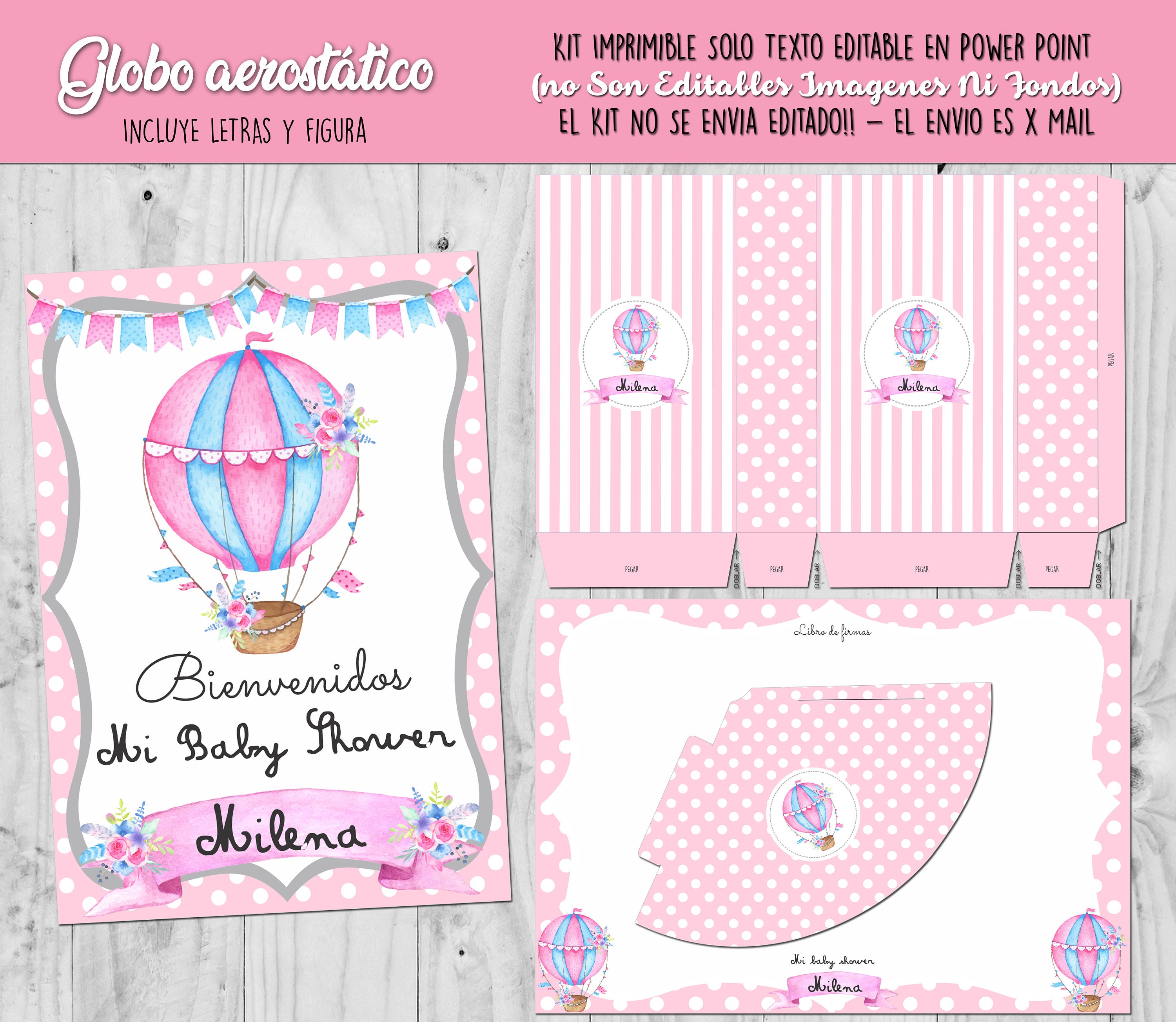 Kit Imprimible Globo aerostático Rosa Con Textos Editables printable