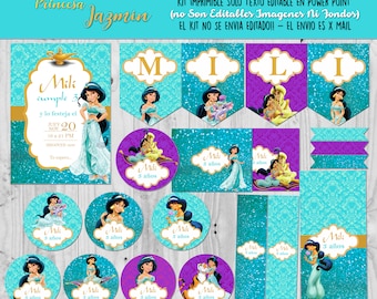 Afdrukbare Kit Prinses Jasmijn Bewerkbare Tekst. Jasmijn Prinses Verjaardagsfeest verjaardagsfeest afdrukbare kit