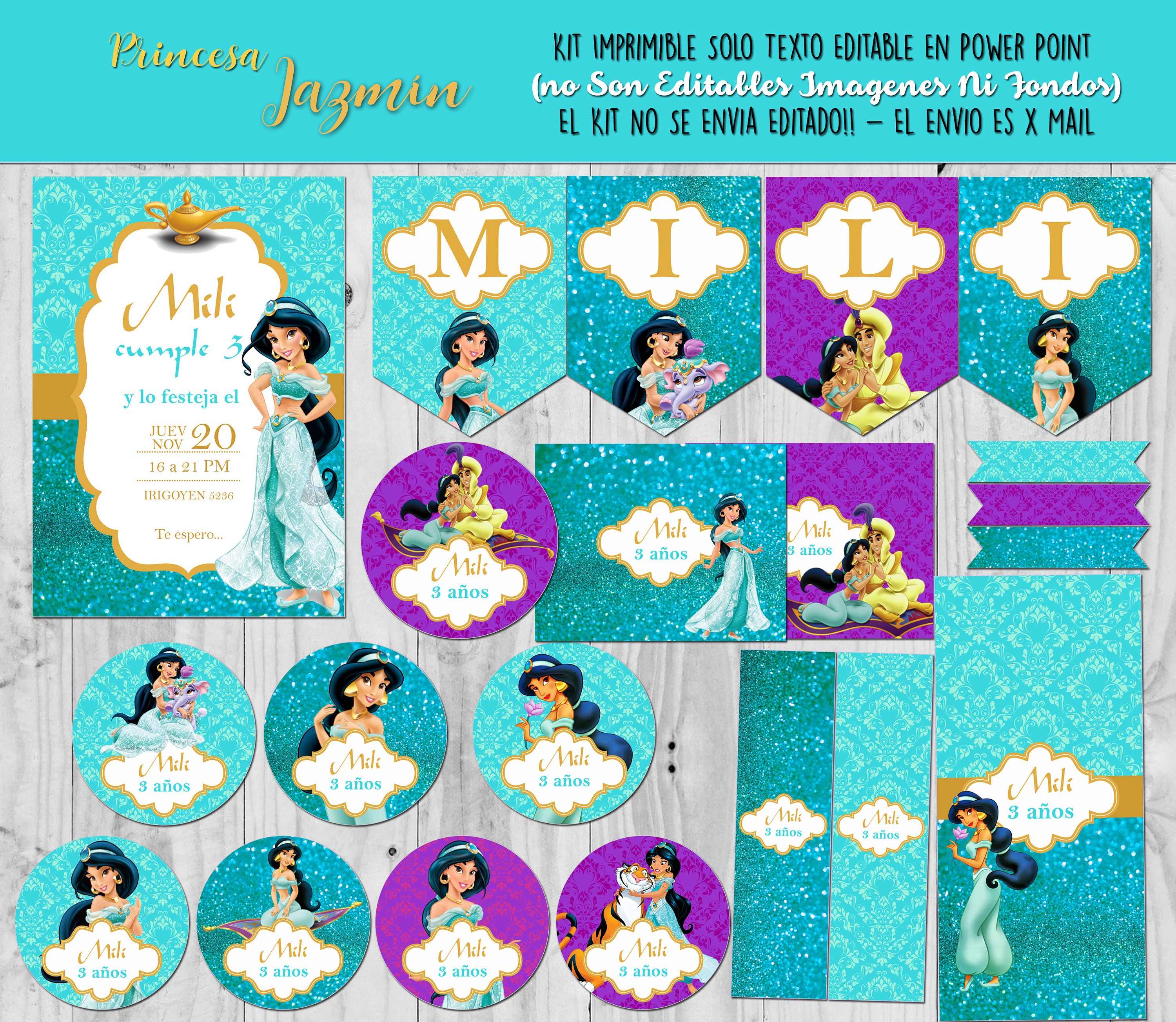 Princess Jasmine Printable Kit Editable Text Birthday Party Etsy