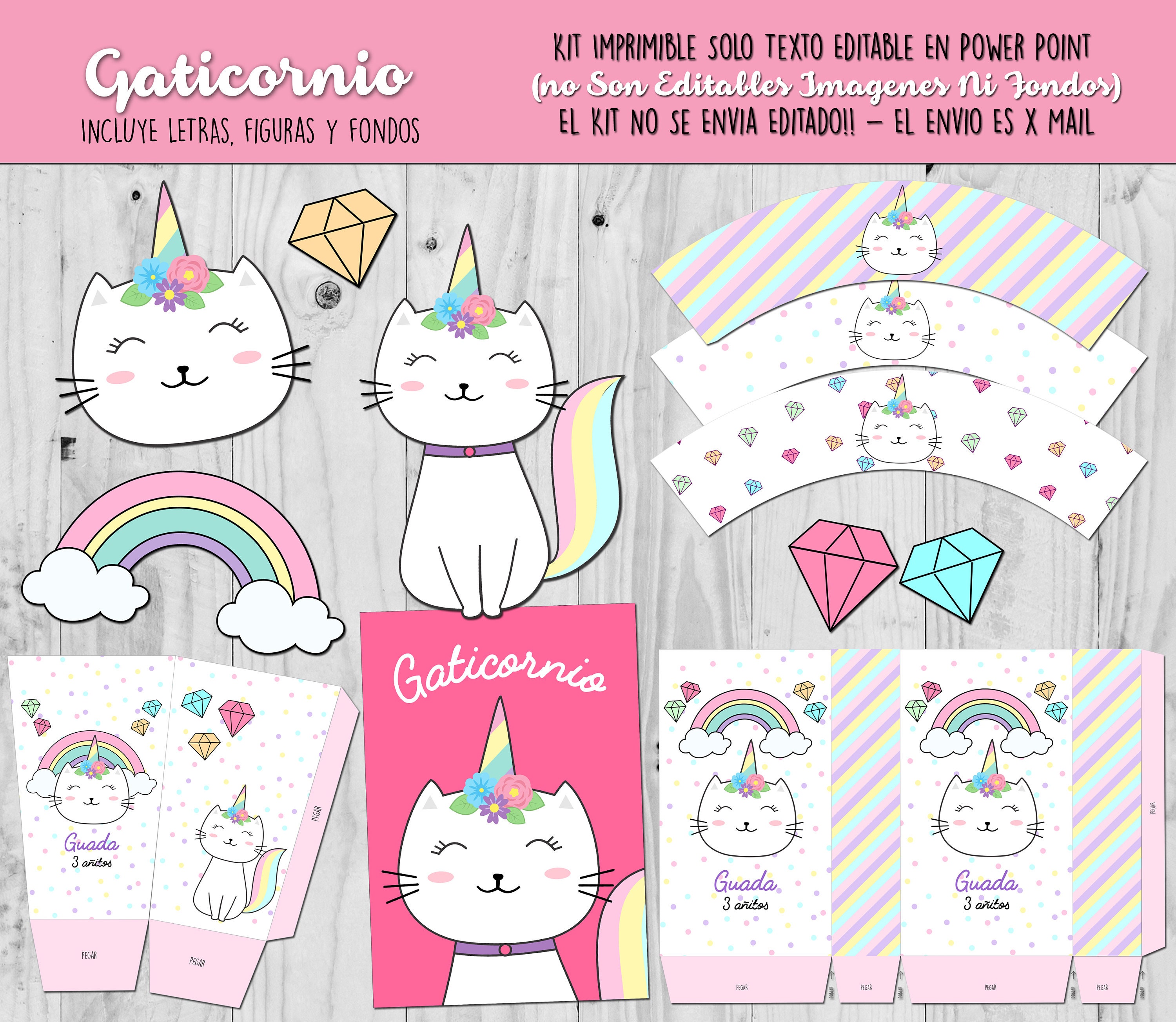 Kit Imprimible Gaticornio Gatita con Textos editables - Etsy México Kit Imprimible Gaticornio Gatita con Textos editables - Etsy México