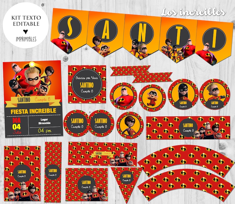 Op de afbeelding: Printbare feestversiering met de personages van The Incredibles. De set bevat een banner, cupcaketoppers, bedankkaartjes en een verjaardagsuitnodiging. De kleuren zijn rood, geel en zwart.