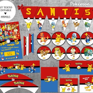 Puede incluir: Decoraciones de fiesta imprimibles para una fiesta de cumpleaños con temática de Pokémon. El conjunto incluye una pancarta con las letras "SANTI" y el número "5", etiquetas circulares con personajes de Pokémon y etiquetas rectangulares con el texto "Pokémon" y "SANTI 5 cumple".