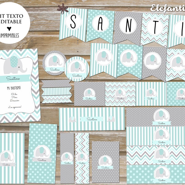 Kit Imprimible elefantito niño Con Textos Editables! Printable kit boy editable text little elephant