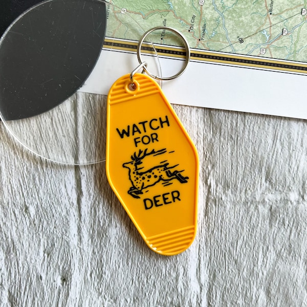 Watch for deer keychain. Vintage motel key tag. West Virginia keychain. Motel keychain. Appalachian keychain