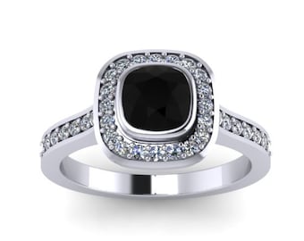 Cushion Cut Natural Black Diamond Engagement Ring Halo Diamond Wedding 14K White Gold Bridal Ring Unique Engagement Rings Fine Jewelry-V1092