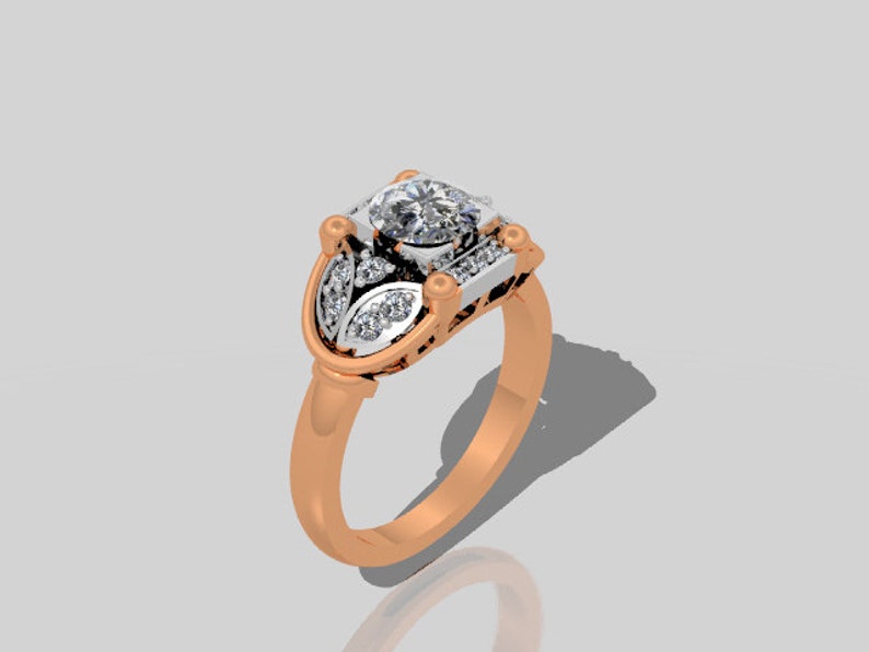Moissanite Engagement Ring Art Deco Fine Jewelry 14K Rose & White Gold Diamond Engagement Ring Forever One Moissanite Center V1001 image 3