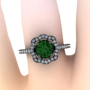 Diamond Flower Engagement Ring Green Emerald Engagement Ring 14K Black Gold with 6.5mm Emeralde Center Fine Jewelry Holiday Gifts V1078 image 5