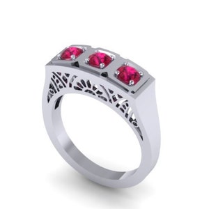 14K White Gold Edwardian Three-Stone Genuine Ruby Engagment Ring Vintage Wedding Estate Fine Jewelry Antique Ring Anniversary Gift -V1134