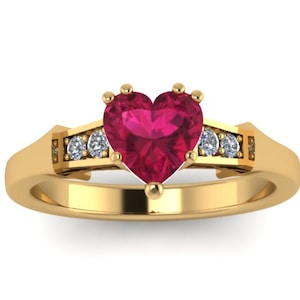 Anel de noivado de rubi em forma de coração Anel de noivado de diamante Anel de noivado em ouro amarelo 14k Anel de noivado exclusivo vintage de noiva -V1148