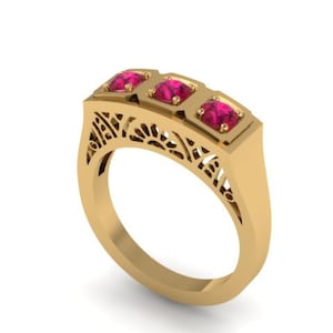 14K Yellow Gold Edwardian Three-Stone Genuine Ruby Engagment Ring Vintage Wedding Estate Fine Jewelry Antique Ring Anniversary Gift -V1134