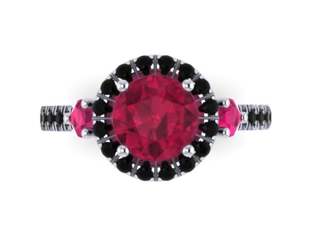 Red Ruby Engagement Ring Black Diamond Wedding Ring 14K White Gold