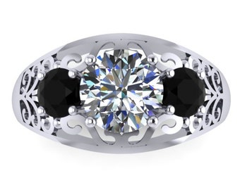 Black Diamond & Forever One Moissanite Engagement Ring Edwardian Ring 14K White Gold Engagement Vintage Filigree Design Ring - V1144