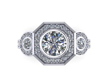 Art Deco Diamond Moissanite Engagement Ring Wedding Three Stone Ring 14K White Gold Ring With 6mm Forever Brilliant Moissanite Center-V1111