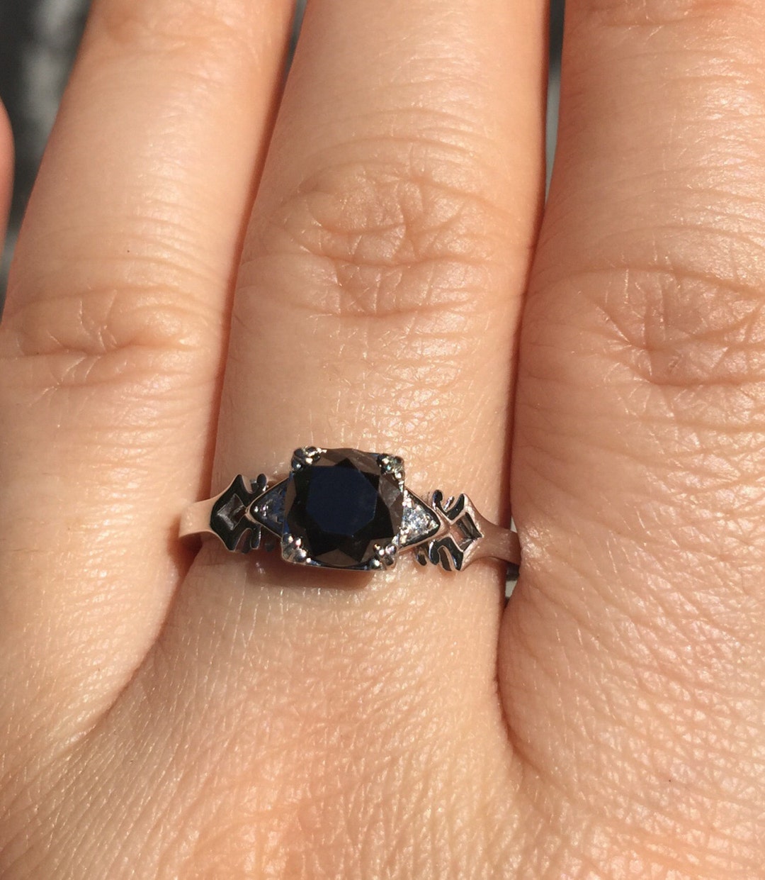 Unique Vintage Engagement Ring 6.5mm Genuine Black Diamond Center 14K White Gold Diamond Wedding