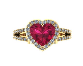 Ruby Engagement Ring Diamond Wedding Ring Heart Shaped Red Ruby Ring 14K Yellow Gold with 8x8mm Red Ruby Center Valentine's Gifts - V1083