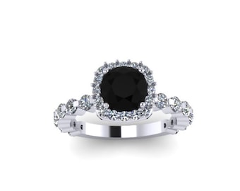 Anel de noivado Anel de noivado de diamante preto Anel de ouro branco 14K com 6,5 mm redondo de diamante preto natural centro presente de Valentien Etsy- V1085