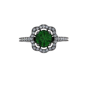 Diamond Flower Engagement Ring Green Emerald Engagement Ring 14K Black Gold with 6.5mm Emeralde Center Fine Jewelry Holiday Gifts V1078 image 1