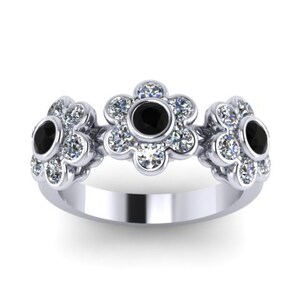 Black Diamond White Diamond Band Flower Design Band 14K White Gold Flower Ring Feminie Rings Statement Ring Special Gift For her - V1088