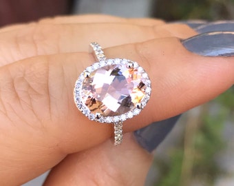 Morganite Engagement Ring Genuine Diamond Wedding Ring Bridal Ring Jewelry Gifts For Her Unique Rings Diamond Halo Women's Jewelry - V1153
