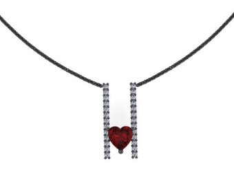 Heart Shape Diamond Necklace Red Ruby Pendant 14K Black Gold Necklace with 6x6mm Heart Red Ruby Center Unique Fine Jewelry Gemstones - V1094