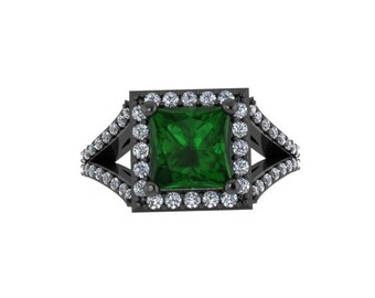 Emerald Engagement Ring Princess Cut Diamond Engagement Ring 14K Black Gold with 6.5x6.5mm Green Emerald Center Fine Jewelry Gems - V1087