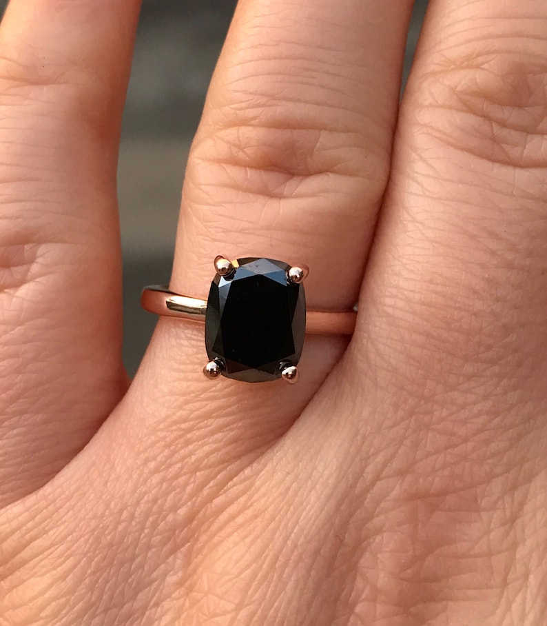 10x8mm Cushion Cut Genuine Black Diamond Engagement Ring 14K Etsy