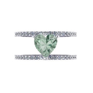 February Birthstone Ring Diamond Ring Diamond Band Heart Green Amethyst Engagement 14K White Gold Band With Light Green Amethyst Ctr - V1084
