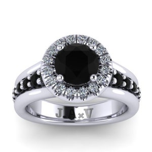 Black Diamond Halo Engagement Ring Anniversary Classic Engagement 14K White Gold Ring With 6.5mm Genuine Black Diamond Center Unique -V1110