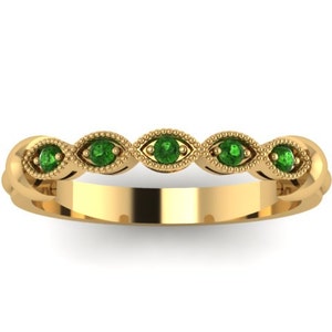 Emerald Band 14K Yellow Gold Band Wedding Band Matching Ring Bridal Set Fine Jewelry May Birthstone Gifts Valentine&#39;s Gift Gemstones - V1116
